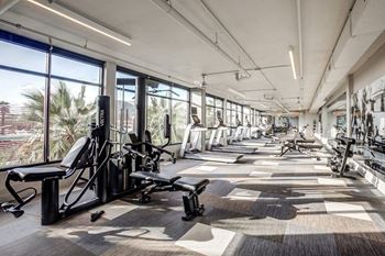 a gym with cardio equipment and large windows